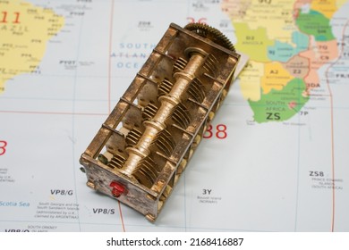 Hoogkerk, Netherlands, November 10, 2021: Tuning capacitor or Rotary Variable Capacitor. Located isolated on World map. Radio Maps, Prefix Maps, World Maps, DX Map of the World. the Netherlands