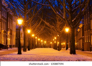 Hooglandsekerkgracht in Leiden at twilight in winter with snow - Powered by Shutterstock