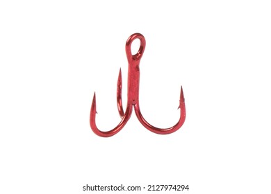 Hook For Salt Water Fishing Sports. Hook Isolated On White Background. Fishing Hook Close Up. Fishing Tackle. Macro Shot Stainless Steel Fishing Red Hooks.