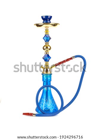 Hookah closeup isolated on white background with place for text. Hookah with blue and gold color.