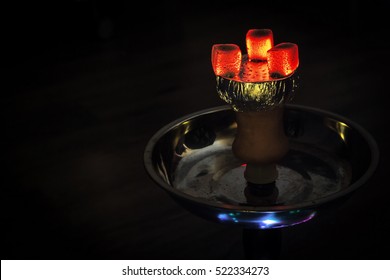 Hookah Hot Coals On Shisha Bowl With Black Background.