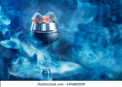 Hookah Or Shisha Hot Coals, Dark Black Smoke Background.