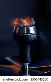 Hookah Or Shisha Hot Coals, Dark Black Smoke Background.