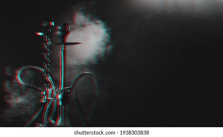 Hookah, shisha on a smoky black background with smoke. Glitch, black and white. Place for your text