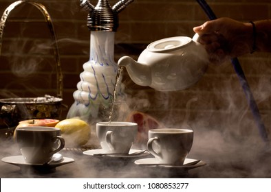 Hookah And Tea Stand In The Cafe On The Table