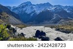 The Hooker river on the hooker valley track towards the alpine lake   nestled under the foot of Aoraki Mt cook in the national park