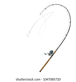hooks, fishing tackles and Fishing line string lace belts that are strongly flush with curved rod. - Shutterstock ID 1047085720