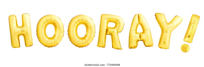 Hooray! word with exclamation mark made of golden inflatable balloons isolated on white background