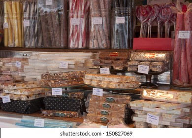 HOORN, THE NETHERLANDS - AUGUST 13 :Colored Nougat and candy  in a candy stall at the fair on augustus 13,2013 in  Hoorn , The netherlands.