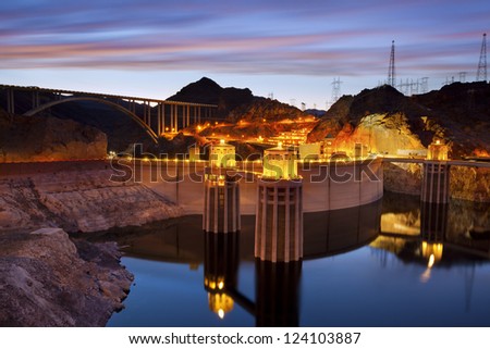 Hoover Dam. Image of Hoover Dam and Hoover Bridge at twilight blue hour.