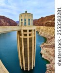 Hoover Dam and Lake Mead with Tower and Cliffs