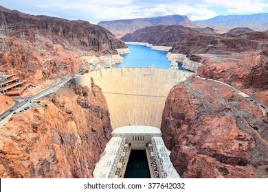 Hoover Dam in United States. Hydroelectric power station on the border of Arizona and Nevada. - Shutterstock ID 377642032