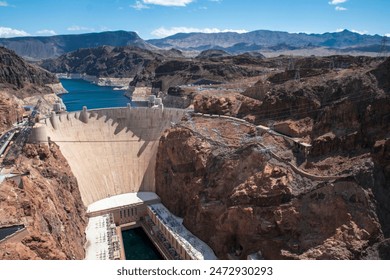 The Hoover Dam uses the Colorado River to create Lake Mead along the Nevada-Arizona border.  - Powered by Shutterstock