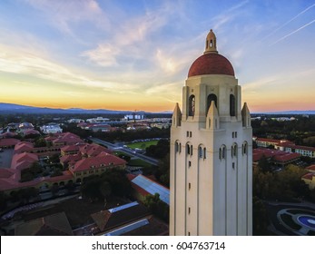 The Hoover Tower and view above Stanford at sunset in Palo Alto in California, - Shutterstock ID 604763714