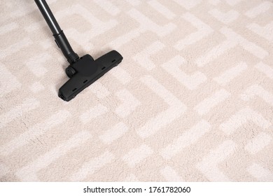 Hoovering Floor With Modern Vacuum Cleaner, Above View. Space For Text