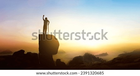 hope concept, Disabled man with crutches in sunrise background.