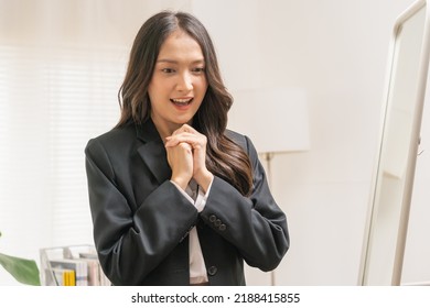 Hopeful, Christian Asian Young Woman, Girl In Suit Formal, Smiling And Praying To God Make A Wish At Home Before Job Interview Of Change Career, Recruitment Employee Or Staff In Company, Corporate.