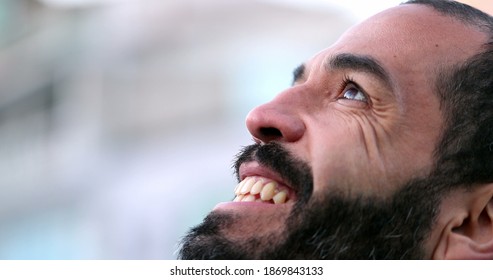 Hopeful Man In 40s Opening Eyes To Sky With FAITH, Close-up Face Eye Open