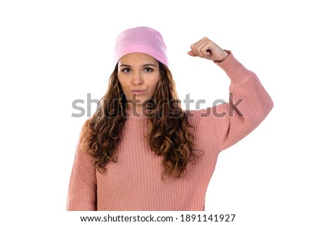 Hopeful woman with cancer wearing a thoughtful pink scarf isolated on a white background