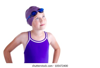 Hopeful Young Competitive Swimmer, Isolated On White.