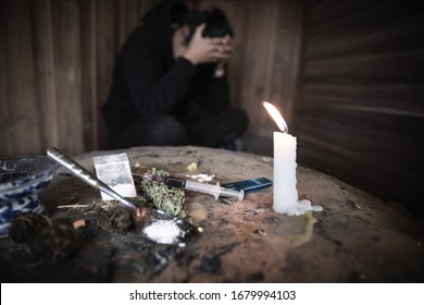 Hopeless Drug Addict Going Through Addiction Crisis, Women With Substance Dependence After Long Term Drug And Medication Abuse.World Anti Drug Day.