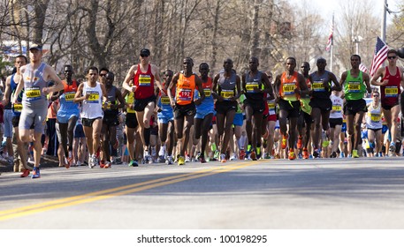 HOPKINTON, USA - APRIL16: Elite Athletes At The 2012 Boston Marathon In Hopkinton, Massachusetts Right After The Start Of The Race With The Kenyan Athletes Leading The Competition On April 16, 2012.