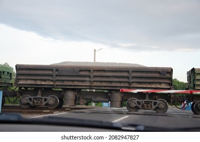 Hoppers Are Loaded With Rubble On The Railroad Transportation