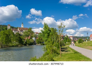HORB AM NECKAR, GERMANY - MAY 30, 2009: View on the the river Neckar to the historical Old Town of Horb on the Neckar with the collegiate church and the villainous tower. Black Forest, Germany, Europe