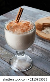 Horchata On A Table , A Traditional Mexican Cold Drink Made Of Rice Cinnamon And A Touch Of Milk