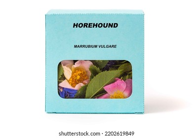 Horehound Medicinal herbs in a cardboard box. Herbal tea in a gift box