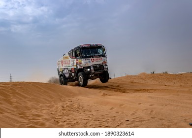 Horimlaa, Saudi Arabia - January 7, 2021: The Renault racing truck of Riwald Dakar Team running over dunes during Stage 5 of the 2021 Dakar Rally