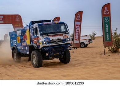 Horimlaa, Saudi Arabia - January 7, 2021: The KAMAZ Racing Truck Starting Stage 5 Of The Dakar Rally 2021 Edition