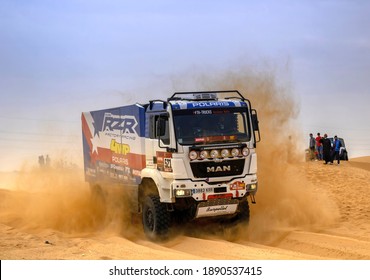 Horimlaa, Saudi Arabia - January 7, 2021: The MAN racing truck of Team Polaris RZR Factory Racing running Stage 5 of the 2021 Dakar Rally