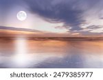 Horizon, clouds and full moon by ocean with sunset for peace, nature environment and travel vacation. Twilight, altostratus and sea scenery with moonlight for landscape, background and calm in Brazil