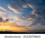 Horizon panorama and dramatic twilight sky and cloud sunset background. Natural sky background texture, beautiful color. Dark clouds, big storm and rain. Weather and nature concept