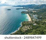 Horizontal aerial view of the beautiful 3 beaches of Kata, Kata Noi, and Karon Beach viewpoint at Phuket, Thailand.