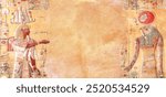 Horizontal background with ancient Egyptian Colorful Mural Wall Painting, Egypt, Africa. Backdrop with figure of the pharaoh and god Horus. Mock up template. Copy space for text