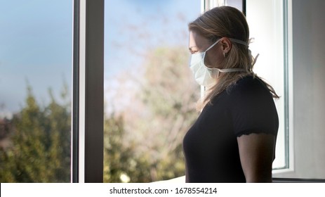 Horizontal Background Of Woman In Isolation Opening Window Taking Fresh Air Against Virus Outbreak Hypochondria .
