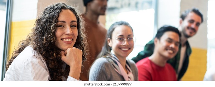 Horizontal Banner Or Header With University Students Multiethnic Team Studying Together On A New Project In Creative Coworking Classroom - Bright Filter With Focus On First Woman On Left