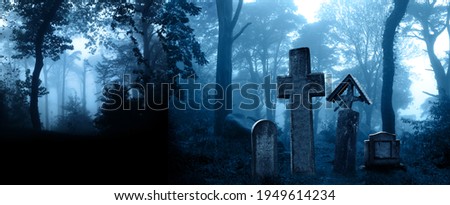Horizontal banner with night nature scene. Mysterious landscape with Halloween scene with medieval stone crosses, tombstones in a cemetery in foggy forest. Photo toned in blue color