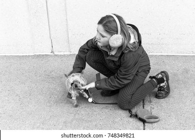 Horizontal Black And White Photo Of Little Girl In Fall Jacket And Ear Muffs With Knee On Sidewalk Petting Tiny Yorkshire Terrier Dog On Leash