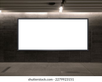 Horizontal blank advertising banners posters mockup in underground tunnel walkway; out-of-home OOH media display space, lightbox; 12 sheet template.