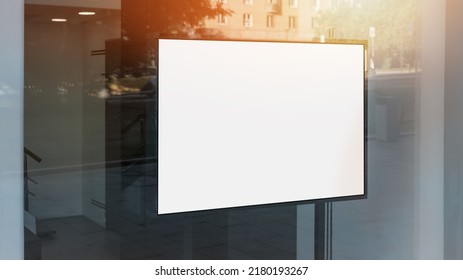 Horizontal Blank Lightbox With Mockup Fixed Behind Window Case Glass Of Shop Or Restaurant