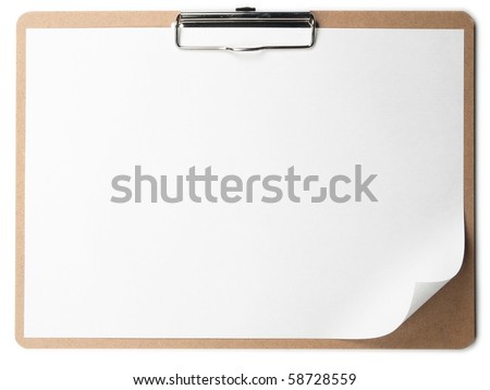 Horizontal clipboard with blank paper and curled corner.