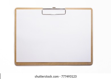 Horizontal clipboard with clean blank white paper. Isolated on pure white. High resolution.