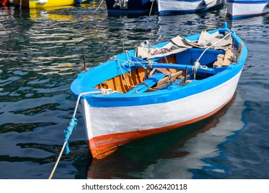 Horizontal Close Up Detail Old Boat In Cetara Amalfi Coast Italy - Harbor Boats Wood Blue Red White - Relaxed Calm - Nobody No People