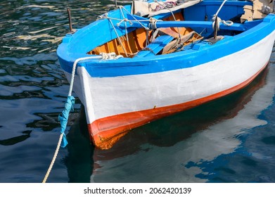 Horizontal Close Up Detail Old Boat In Cetara Amalfi Coast Italy - Harbor Boats Wood Blue Red White - Relaxed Calm - Nobody No People