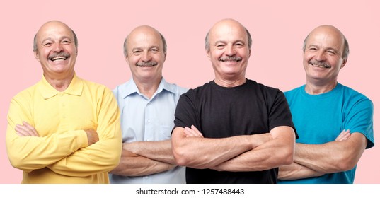 Horizontal collage portrait of senior man in different clothes laughing and looking with smile at camera. He is looking wonferful in any t-shirt