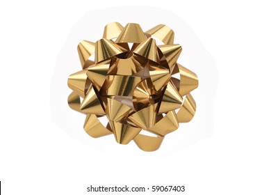 A Horizontal Color Photo Of A Gold Gift Wrap Bow Isolated Over A White Background.