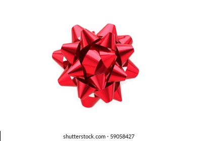 A Horizontal Color Photo Of A Red Gift Wrap Bow Isolated Over A White Background.